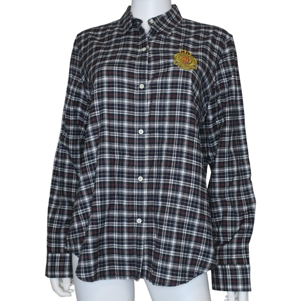 Ralph Lauren Preppy Plaid Button Down Shirt Crest Logo Long Sleeve Women's Large
